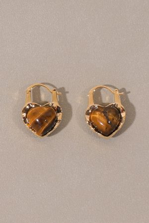 High-End Floating Heart Tiger Eye Stone Earrings - Unique Niche Design Ear Clips for Autumn Winter Fashion