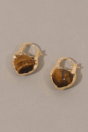 High-End Floating Heart Tiger Eye Stone Earrings - Unique Niche Design Ear Clips for Autumn Winter Fashion