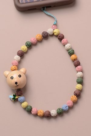 High-End Forest-Style Cute Bear Berry Volcanic Stone Phone Chain Lanyard Pendant Case Keychain Accessory