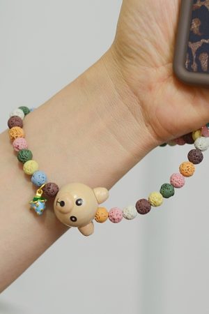 High-End Forest-Style Cute Bear Berry Volcanic Stone Phone Chain Lanyard Pendant Case Keychain Accessory