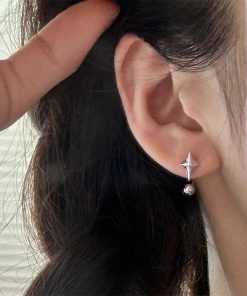 High-End Four-Star Mango Ear Studs for Women, Back-Hanging Two-Strap Screw-On Hook Earrings, Unique Fashion Accessories