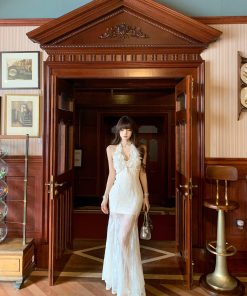 High-End French Lace Halter Dress for Women - Summer Waist-Defining Slim Long Dress with Athena's Wings Design