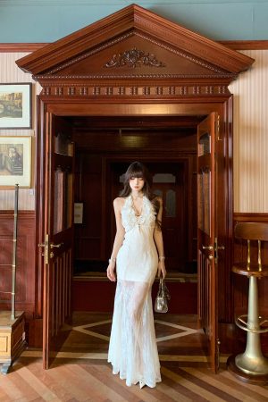 High-End French Lace Halter Dress for Women - Summer Waist-Defining Slim Long Dress with Athena's Wings Design