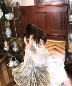 High-End French Lace Halter Dress for Women - Summer Waist-Defining Slim Long Dress with Athena's Wings Design