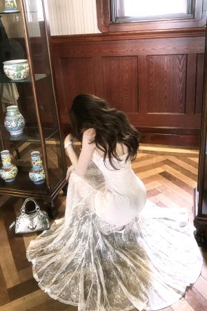High-End French Lace Halter Dress for Women - Summer Waist-Defining Slim Long Dress with Athena's Wings Design