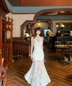 High-End French Lace Halter Dress for Women - Summer Waist-Defining Slim Long Dress with Athena's Wings Design