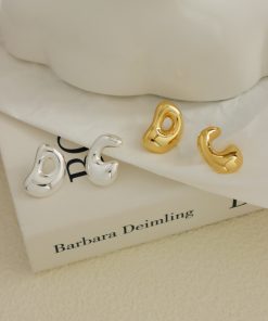 High-End French Minimalist Glossy Textured Irregular Gold-Plated Silver Needle Stud Earrings