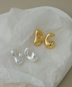 High-End French Minimalist Glossy Textured Irregular Gold-Plated Silver Needle Stud Earrings