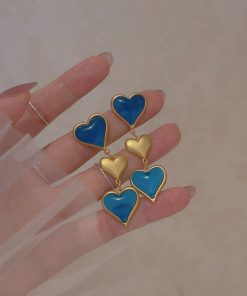 High-End French Retro Blue Heart Earrings - Fashionable Personality Accessories with Elegant Vintage Style