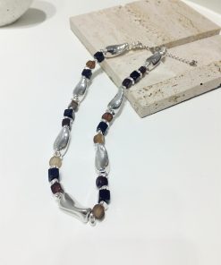 High-End French Retro Irregular Color-Block Geometric Necklace with Metal Strip - Chic Clavicle Chain Neck Ornament