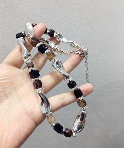 High-End French Retro Irregular Color-Block Geometric Necklace with Metal Strip - Chic Clavicle Chain Neck Ornament