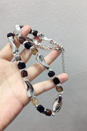 High-End French Retro Irregular Color-Block Geometric Necklace with Metal Strip - Chic Clavicle Chain Neck Ornament