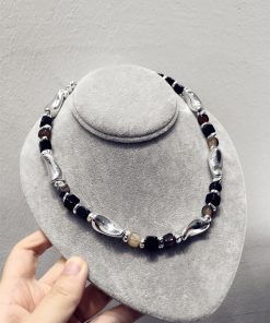 High-End French Retro Irregular Color-Block Geometric Necklace with Metal Strip - Chic Clavicle Chain Neck Ornament