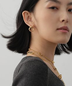 High-End French Retro Minimalist Gold Cross Round Hoop Horn Earrings - European American Fashion Statement Jewelry