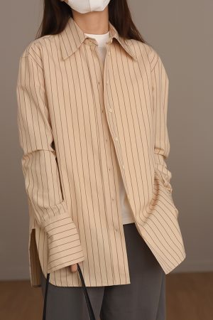 High-End French Striped Cotton Shirt for Men, Khaki Stripes, Old Money Style, Classic Elegant Fashion
