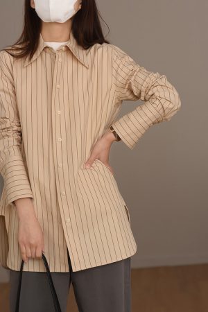 High-End French Striped Cotton Shirt for Men, Khaki Stripes, Old Money Style, Classic Elegant Fashion
