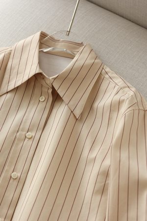 High-End French Striped Cotton Shirt for Men, Khaki Stripes, Old Money Style, Classic Elegant Fashion