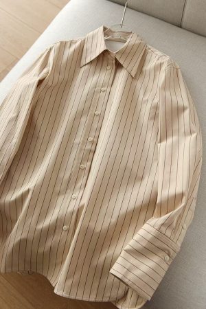 High-End French Striped Cotton Shirt for Men, Khaki Stripes, Old Money Style, Classic Elegant Fashion