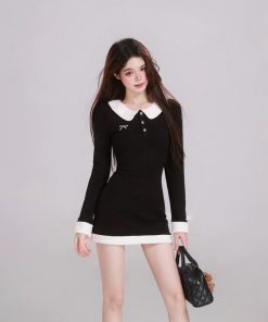 High-End French-Style Black Double-Sided Velvet Dress for Women, Waist-Cinching Silhouette, Elegant Short Skirt, Spring Collection