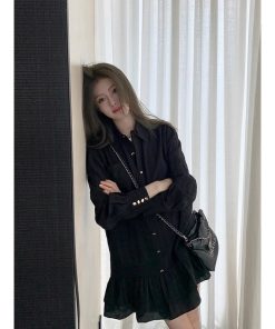 High-End French-Style Black Shirt Dress for Women, Loose Fit Spring Dress with Short Skirt, Chic Designer Look