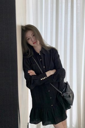 High-End French-Style Black Shirt Dress for Women, Loose Fit Spring Dress with Short Skirt, Chic Designer Look