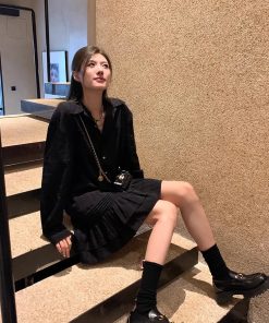 High-End French-Style Black Shirt Dress for Women, Loose Fit Spring Dress with Short Skirt, Chic Designer Look