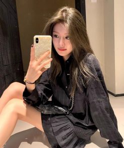 High-End French-Style Black Shirt Dress for Women, Loose Fit Spring Dress with Short Skirt, Chic Designer Look