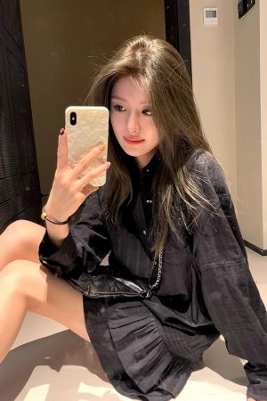 High-End French-Style Black Shirt Dress for Women, Loose Fit Spring Dress with Short Skirt, Chic Designer Look