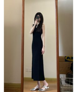 High-End French-Style Black Sleeveless Knitted Dress for Women with Waist-Cinching Inner Layer - Chic Summer Maxi Dress