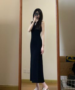 High-End French-Style Black Sleeveless Knitted Dress for Women with Waist-Cinching Inner Layer - Chic Summer Maxi Dress