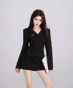 High-End French Style Black Suit Jacket & Half-Length Skirt Two-Piece Set for Women - Spring Fashion Essential