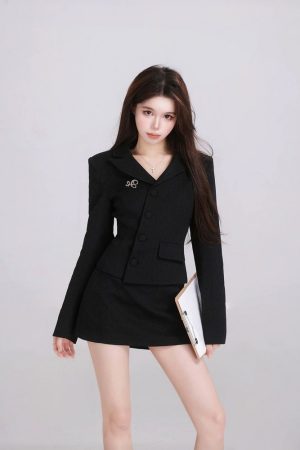 High-End French Style Black Suit Jacket & Half-Length Skirt Two-Piece Set for Women - Spring Fashion Essential