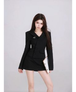 High-End French Style Black Suit Jacket & Half-Length Skirt Two-Piece Set for Women - Spring Fashion Essential