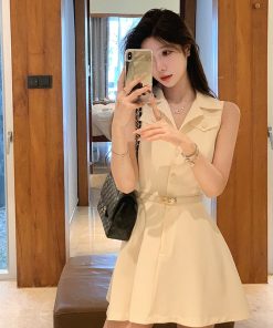 High-End French-Style Sleeveless Shirt Dress for Women - Waist-Cinching, Short Skirt, Trendy Summer Fashion