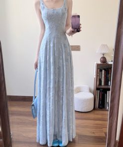 High-End French-Style Sleeveless Spaghetti Strap Dress for Women - Blue Long Summer Dress for Beach Vacations