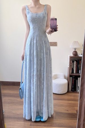 High-End French-Style Sleeveless Spaghetti Strap Dress for Women - Blue Long Summer Dress for Beach Vacations