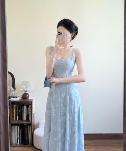 High-End French-Style Sleeveless Spaghetti Strap Dress for Women - Blue Long Summer Dress for Beach Vacations