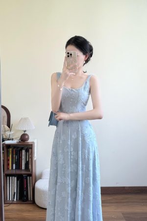 High-End French-Style Sleeveless Spaghetti Strap Dress for Women - Blue Long Summer Dress for Beach Vacations