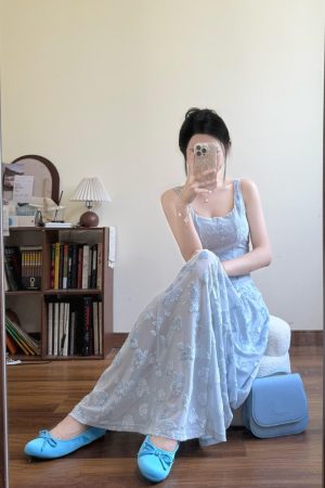 High-End French-Style Sleeveless Spaghetti Strap Dress for Women - Blue Long Summer Dress for Beach Vacations