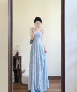 High-End French-Style Sleeveless Spaghetti Strap Dress for Women - Blue Long Summer Dress for Beach Vacations