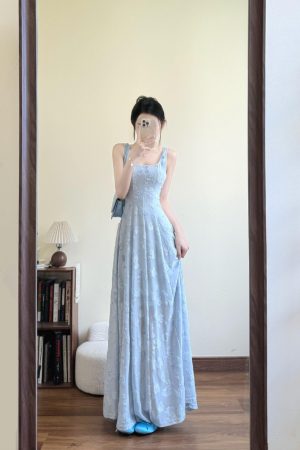 High-End French-Style Sleeveless Spaghetti Strap Dress for Women - Blue Long Summer Dress for Beach Vacations