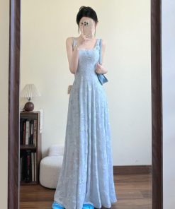 High-End French-Style Sleeveless Spaghetti Strap Dress for Women - Blue Long Summer Dress for Beach Vacations