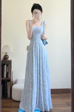 High-End French-Style Sleeveless Spaghetti Strap Dress for Women - Blue Long Summer Dress for Beach Vacations