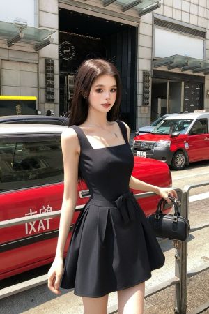 High-End French Style Square Neck Strap Dress for Women with Fitted Waist and Bow, Summer Short Skirt, Chic Fashion