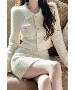 High-End French Style Two-Piece Knitted Set for Women - Cozy Slim Fit Skirt and Top - Autumn Winter Fashion