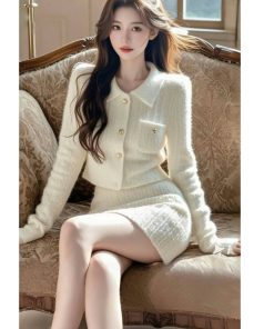 High-End French Style Two-Piece Knitted Set for Women - Cozy Slim Fit Skirt and Top - Autumn Winter Fashion