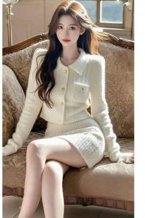 High-End French Style Two-Piece Knitted Set for Women - Cozy Slim Fit Skirt and Top - Autumn Winter Fashion