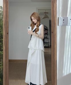 High-End French Style Two-Piece White Dress Set for Women - Elegant Tank Top and Long Skirt Summer Outfit