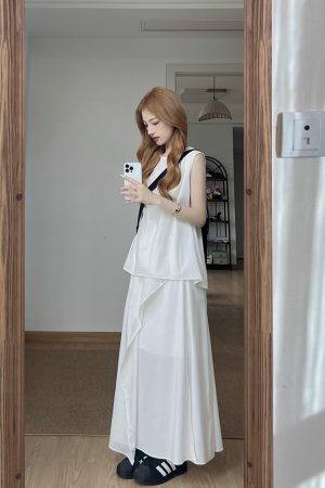 High-End French Style Two-Piece White Dress Set for Women - Elegant Tank Top and Long Skirt Summer Outfit