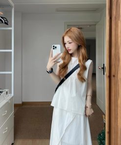 High-End French Style Two-Piece White Dress Set for Women - Elegant Tank Top and Long Skirt Summer Outfit